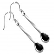 Black Onyx Drop Long Silver Earrings, e420